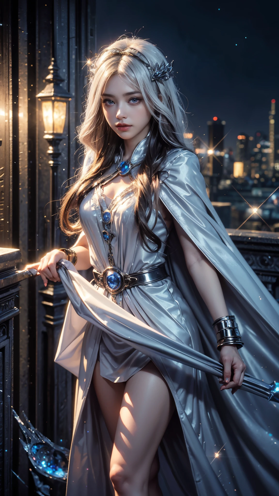 4k, UHD, masterpiece, 1 girl, good face, ((detailed eyes)), very long white hair, impressive hairstyle, perfect brasts, fantasy cosplay, ((white cosplay)), strap cosplay, cape, night city, building, lamps, depth of field, reflection light, ((sparkle)), chromatic aberration,
