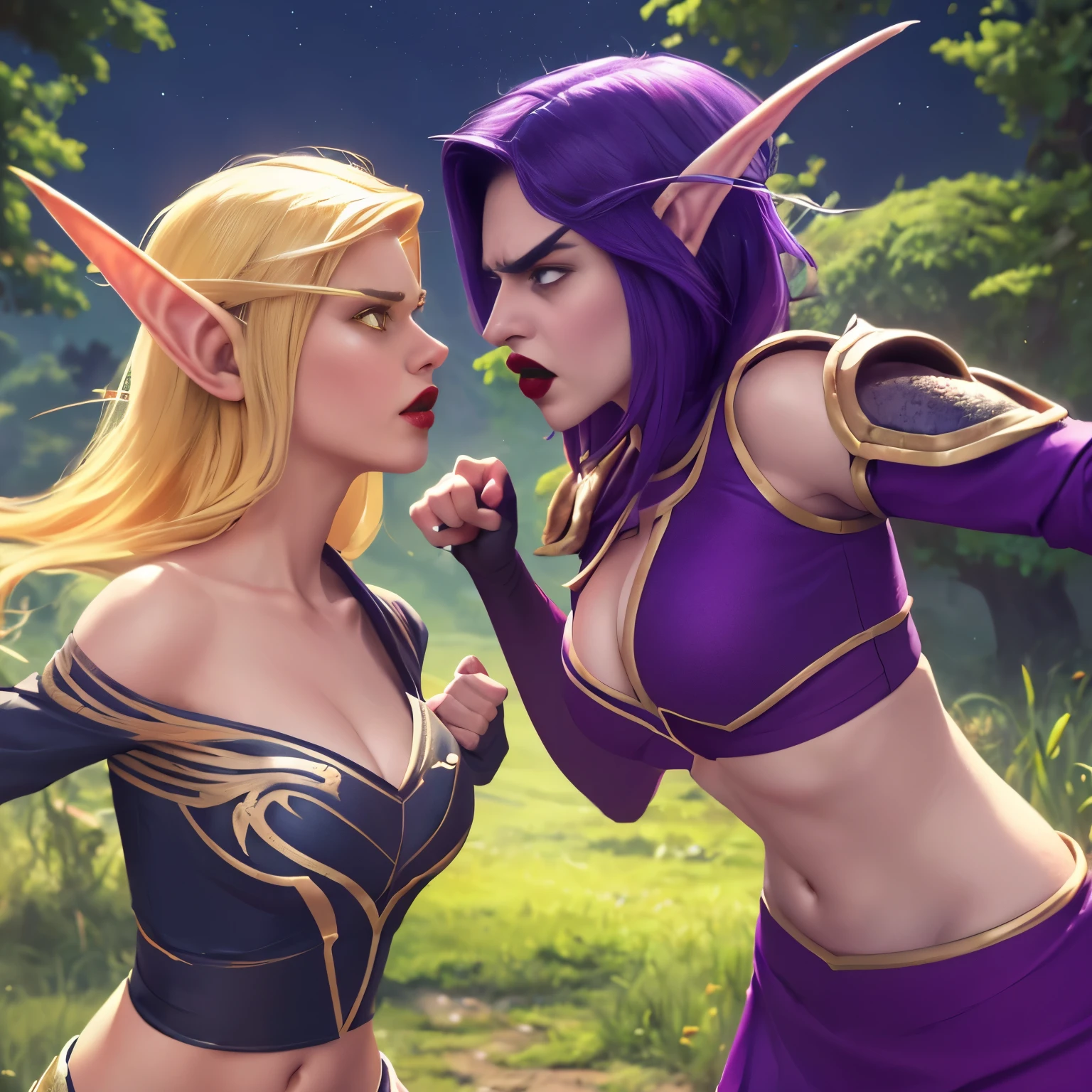 (Masterpiece, highly detailed, highly quality, highly resolutions), forest background, duo, 2girl, nightelf versus blelf, fighting, brawling, 2 girl fighting each other, fist fighting, 2 girl facing each other, 2 girl closer, fight scene, punching, 2 girl grab each other, close-up, ({{nightelf, angry, clenched teeth, glowing eyes, violet eyes, Purple Hair, colored skin, mature female, purple Dress, purple shoulder pad, Navel, Cleavage, crop top purple lips, night, Sleeve, Long eyebrows, Princess}}), vs, ((bldelf, angry, clenched teeth, glowing eyes, green eyes, Blonde hair, colored sclera, mature female, Red Dress, red shoulder pad, Navel, cleavage, crop top, red lips, day, Sleeves, long Eyebrows, Princess))