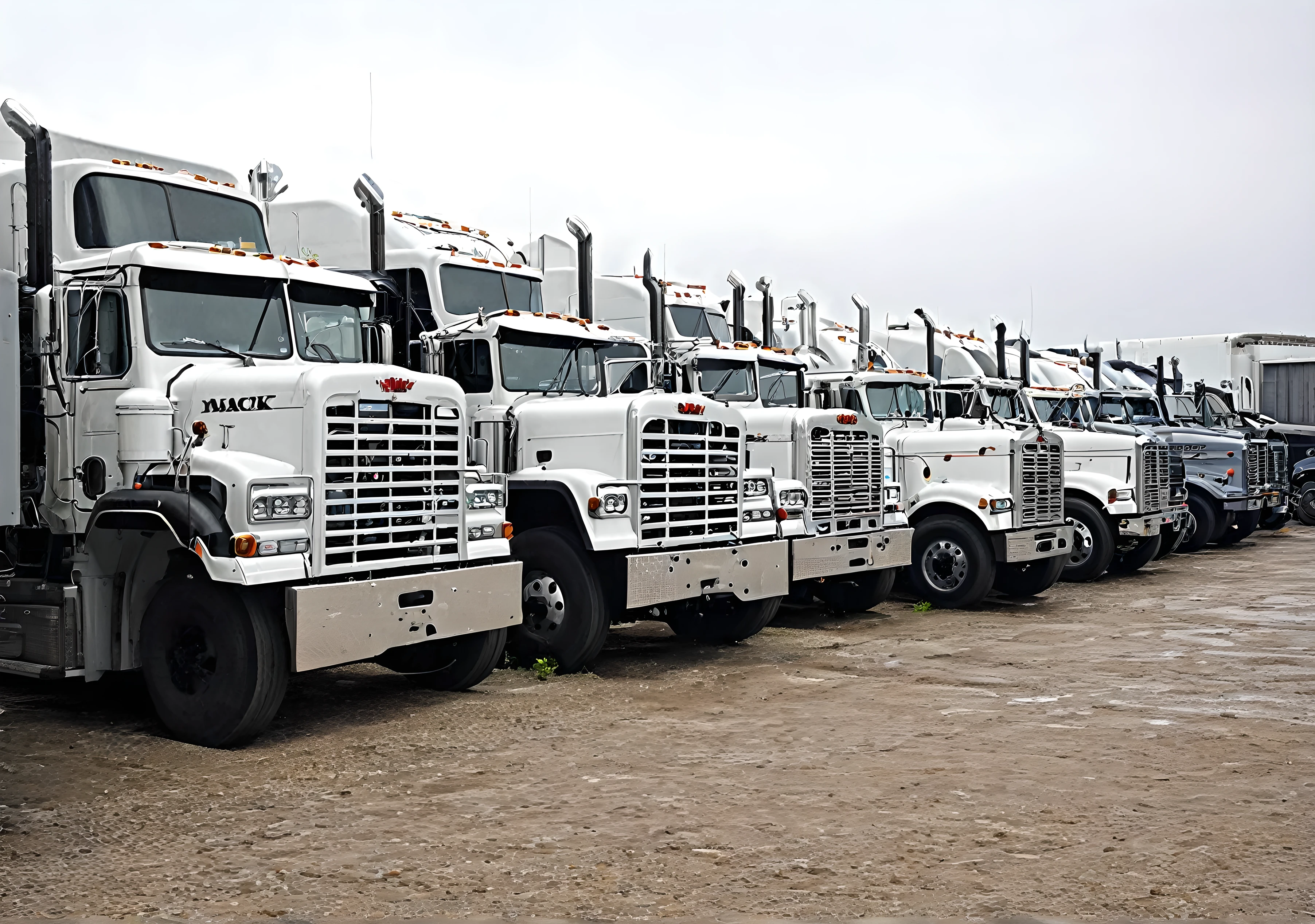 Several trucks mack in depot three or more