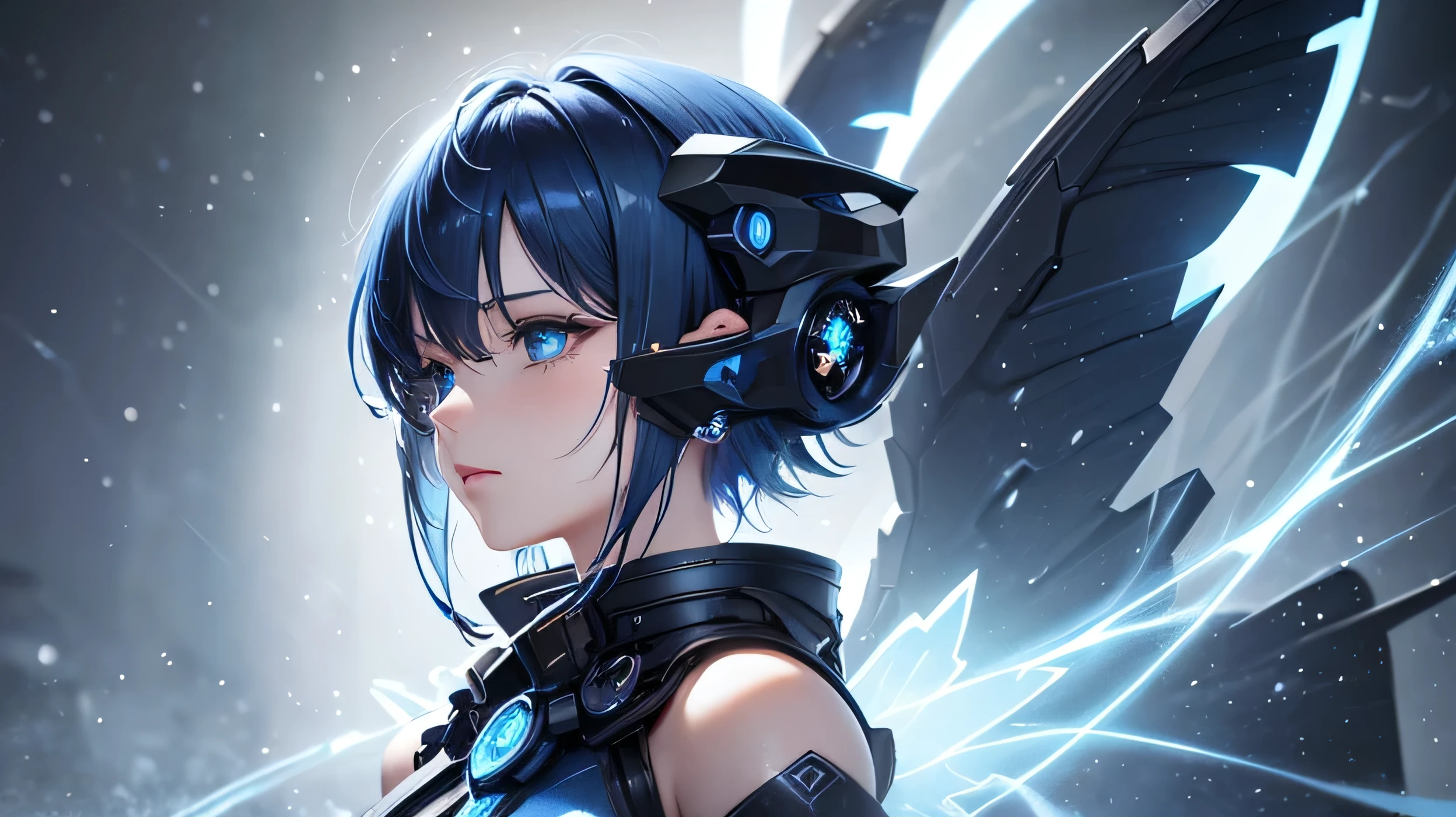 blue angel cyber short hair Streaks of Light Background dark fractal Fairy Tears Face close-up Mechanical costumes winter dark snow ice neutral gas mask Earrings