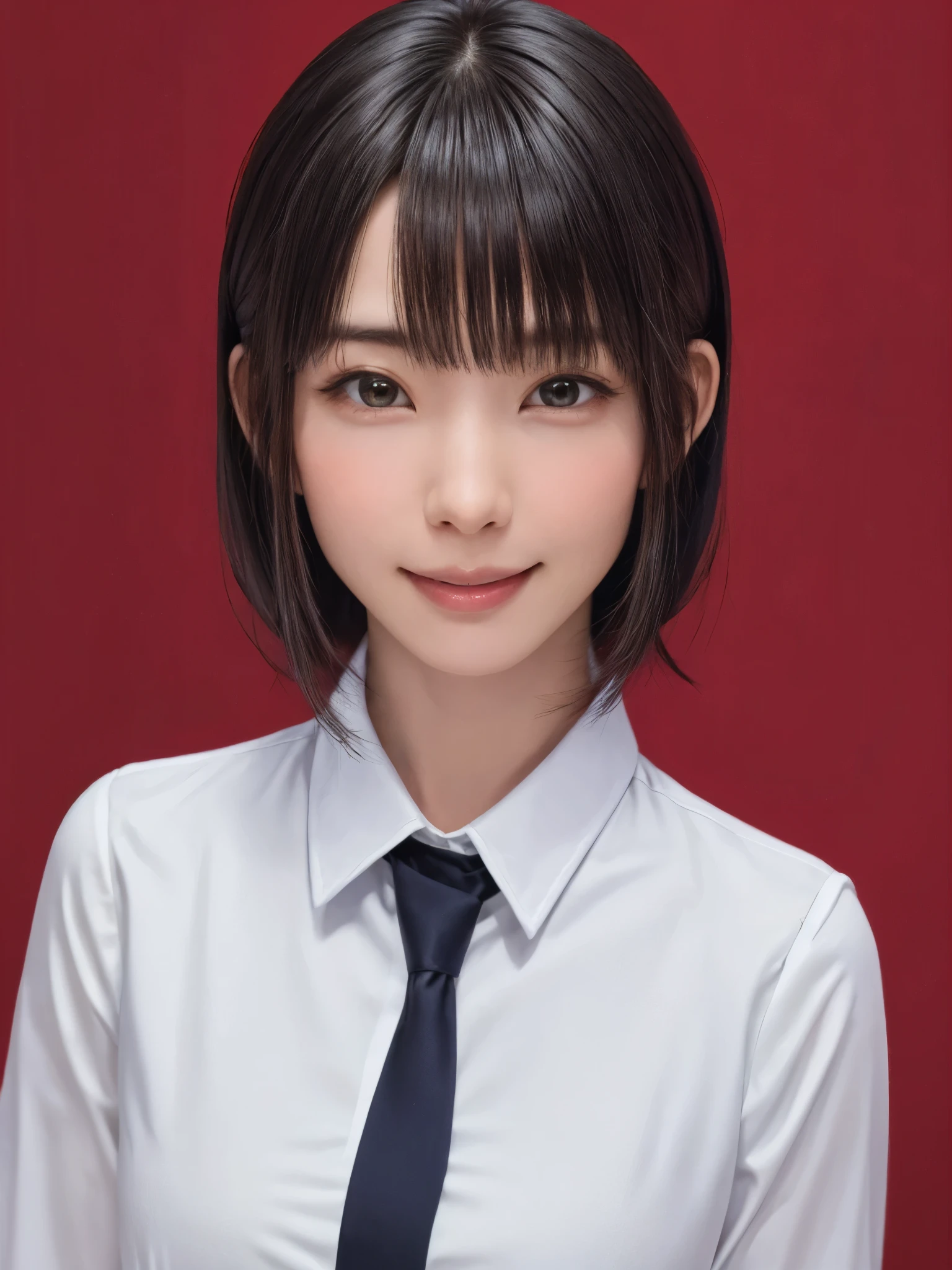 (masterpiece:1.3), (Realistic, RAW Photos, highest quality: 1.4), (One Girl), Beautiful Face, (超Realistic Face、シンメトリーのBeautiful Face), (Short black hair, short hair:1.6、bangs:1.3、Show off your beautiful ears), Beautiful hairstyle, (Realistic eyes), Beautiful details, Long eyelashes, (Realistic Skin), Beautiful Skin, {huge|big|hugeな|Mega} chest, chestの谷間, (Perfect body:1.3), (Detailed body:1.2), (tie), (Collared shirt, Pleated skirt:1.3), Absurd, charm, Ultra-high resolution, Ultra-realistic, Very detailed, Golden Ratio,Very cute beautiful woman、28 years old、Happy smiling face with closed mouth、lips
