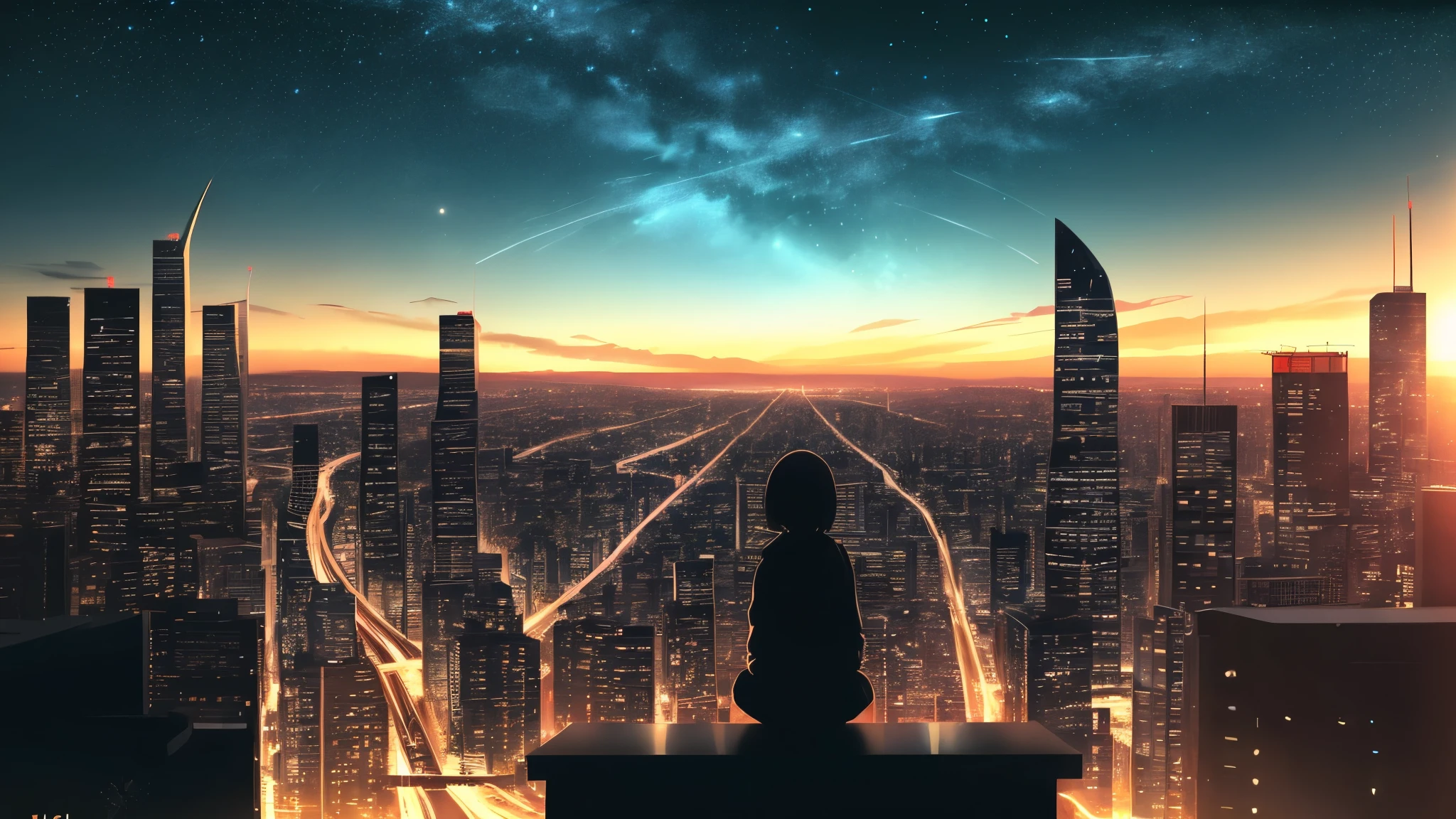 anime,silhouette,1girl, star (sky), cloud, headphone、fisheye lens,big window 、cityscape, building, city, outdoors, skyscraper, city lights, night, night sky, sunset, skyline
