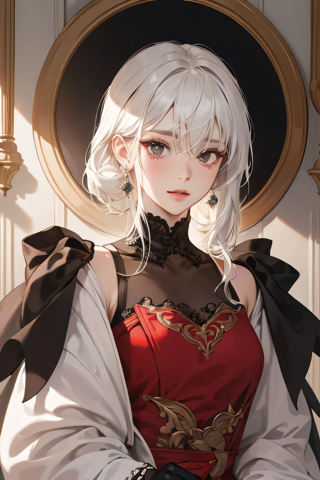Empress, old girl, girl, 1 girl, beautyfull, elegant, shine, depicting Equal eyes, (A female god) Look at camera, depicting delicate facial features, red yunani romawi dress, red gloves, gothic style, ribbon, short curl white hair, extreme detail, delicate depiction, black eyes, royal, elegant, noble, royal dress, black eyes, black eyes, perfect eyes, jewerlly