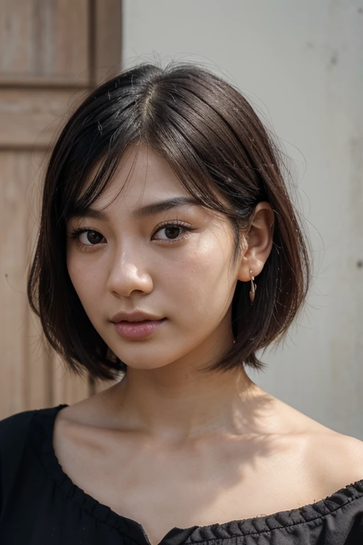 Portrait photo, close-up of face, photo from front, (RAW photo, highest quality), (realistic, photorealistic), Eliwa Xu Asian girl, korean, 23 years old, beautiful and highly detailed face, highly detailed skin, face with fine features. short and lose hair above the shoulder (covering the ears), black hair with a purple streak, wearing a modern black blouse, wall in pastel color at background