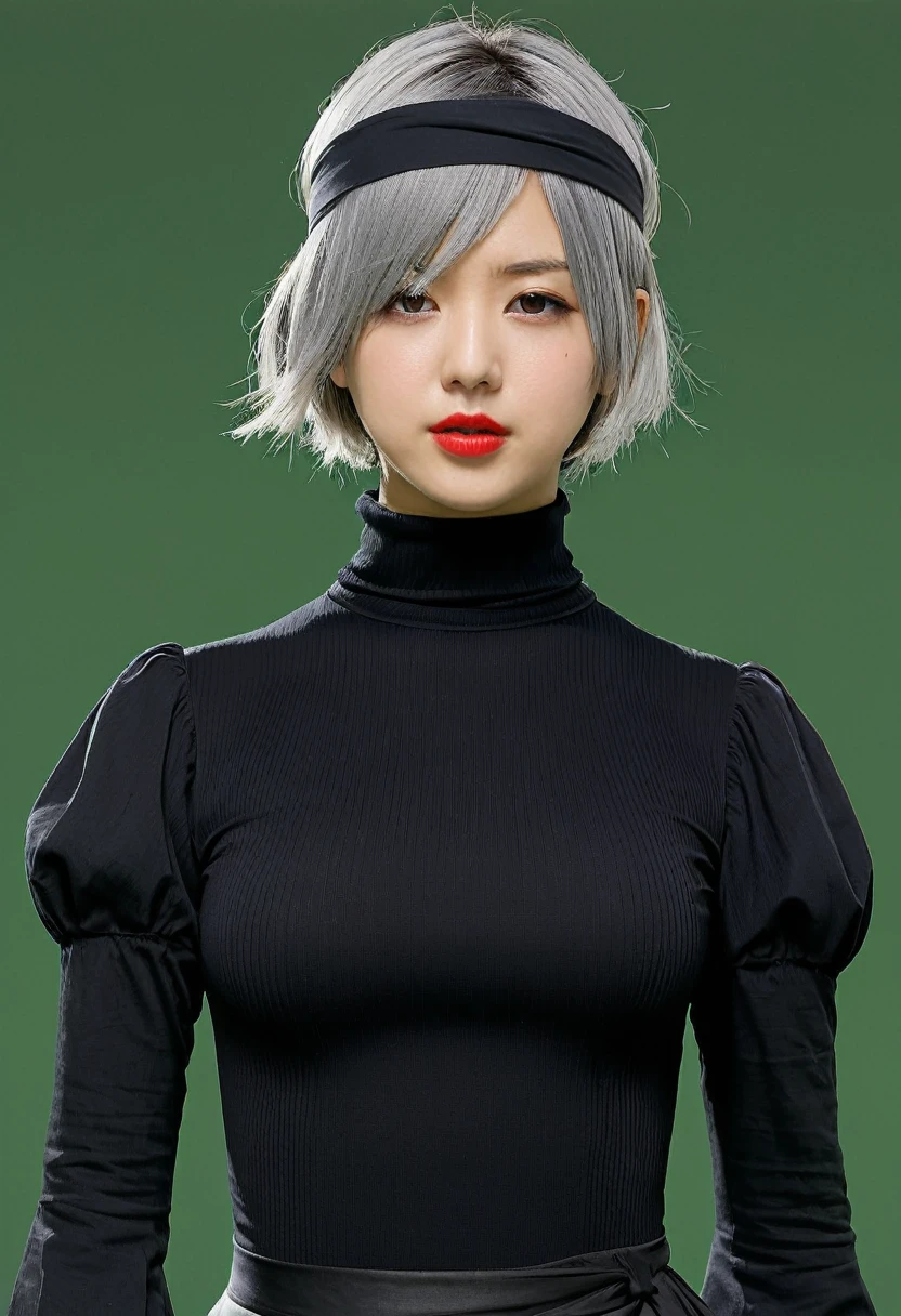 Yoruhano. 2 Type B, One girl, Wow, (Blindfold), chest, chestの谷間, chestの谷間 cutout, Clothing cutouts, Green background, Hair between the eyes, hair band, High resolution, Juliet Sleeve, Long sleeve, Nier (series), Nier automata, Puffy sleeves, Red lips, Shadowed face, short hair, alone, turtleneck, Upper Body, Gray Hair, null