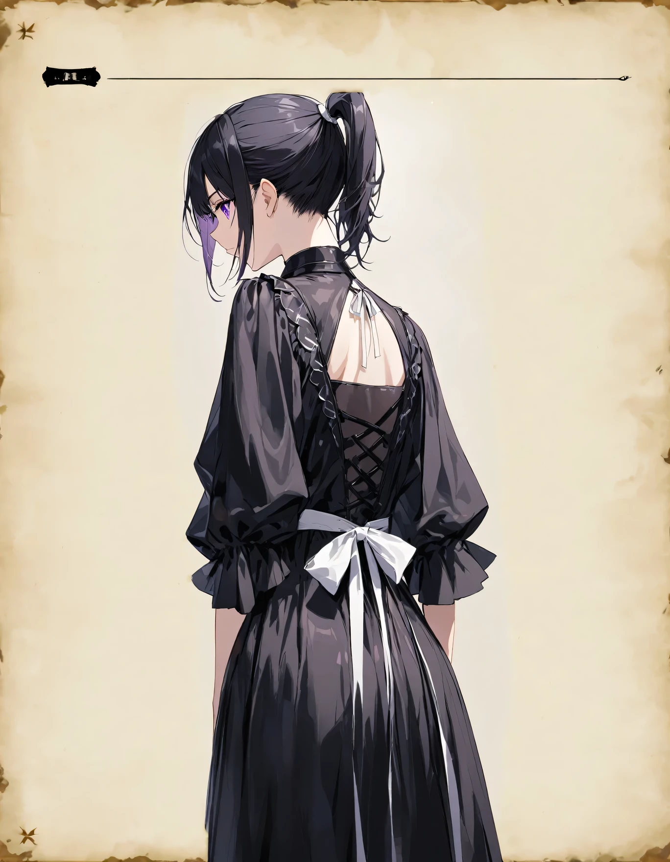 solo lady、shiny black hair、shiny purple eyes、short highponytail
、1white ribbon:1.1、[middle breast:0.8]、(black Gothic Dress:1.1)、,decision、closed mouth,from behind,looking away:1.1,