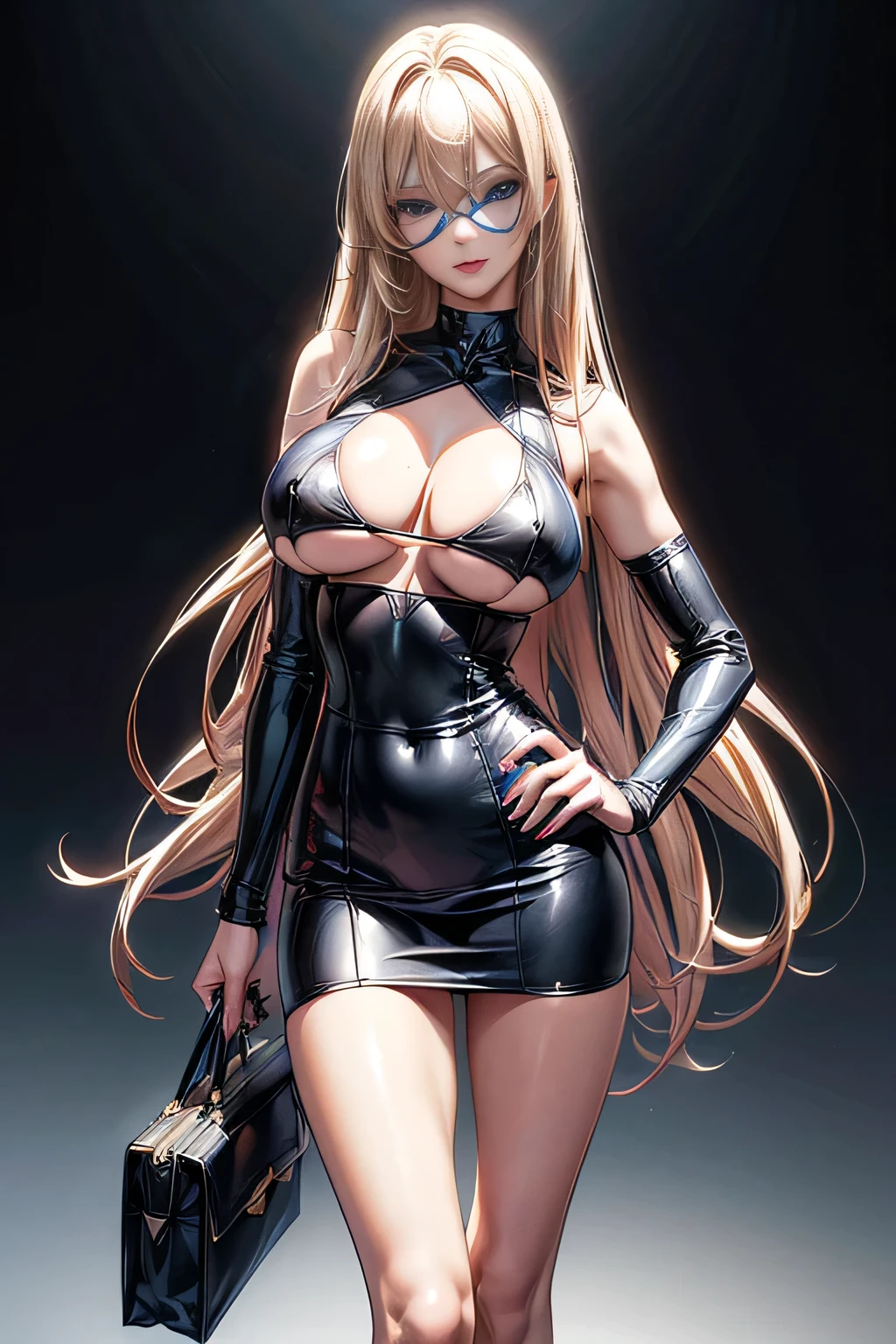 ((supermodel pose one hand on hip)) ((magnificent, majestic)) ((the most beautiful supermodel)) ((tan skin)) ((cute smile)) ((Big blue eyes, sunglasses)) ((very dark eyeshadows makeup)) ((bright red lips)), ((long straight blonde hair, bright hair:1.3)) ((big breast:1.5)) ((slender body:1.3)) ((wear leather jacket and skirt)) ((bikini bra)) ((inside photo studio with black background and light reflectors on her)), ((high definition:1.5) ((masterpiece:1.5))((8k:1.5)) ((Best quality:1.4)), more_details:-1, more_details:0, more_details:0.5, more_details:1, more_details:1.5, more prism, vibrant color