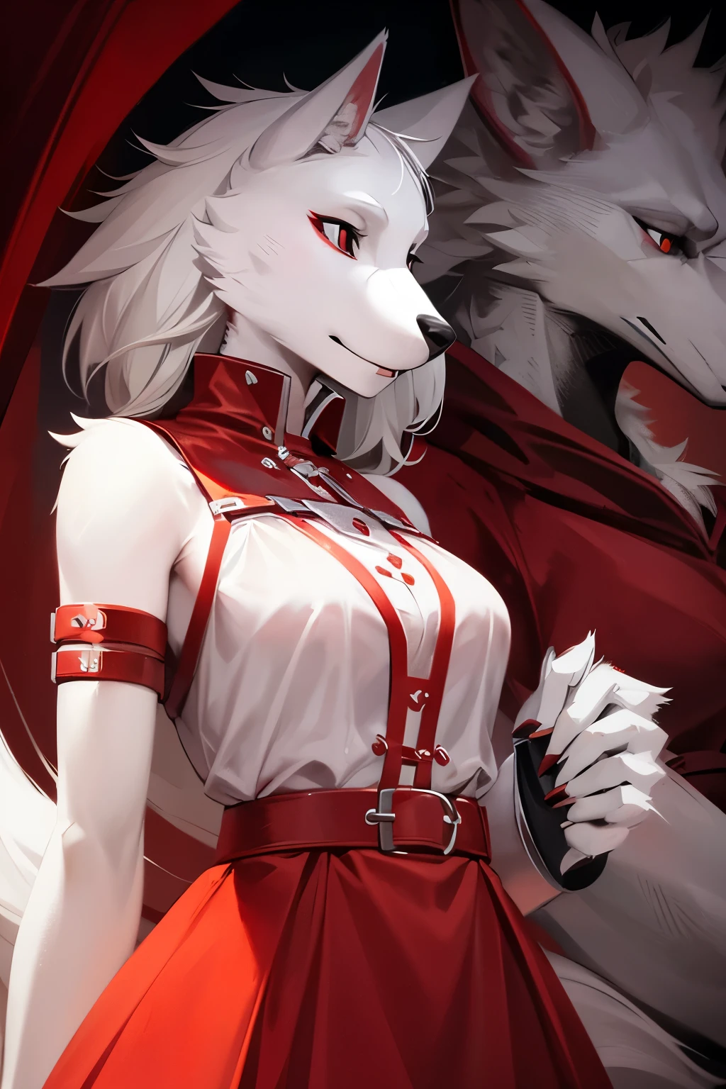 Sara, an anthropomorphic character white female wolf, wearing red dress ,harnesses, dramatic digital art