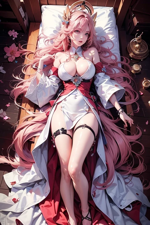 day,(face lighting:0.8),bright backlight,super high resolution,Best quality,Photo,4k,(realistic:1.2), Shenzi,1 girl,long hair,(pink hair:1.2),Purple eyes,(very long hair:1.4),look at the audience,separated sleeves,Jewelry,wide_sleeves,(hair_ornament:1.4),hip, naked, caresses himself, shaved crotch, current, wet, moans, legs spread, naked писька, pussy, 18+ big naked breasts, Without clothing, Minimum clothing,sex,Flowing, lying in bed
