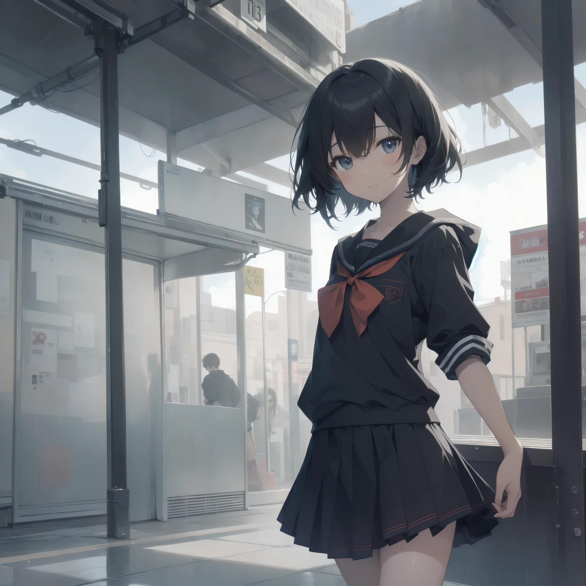 ultra-absurdres-Top quality by artist God, ultra-detailed, high resolution, anime moe artstyle, best anime 8k konachan wallpaper, pixiv contest winner, pool:2810, perfect anatomy,break, 1girl, (Please draw a girl walking sleepily to school alone. )break,(Solo,little female, 13-year-old:1.3),Full limbs, complete fingers,a junior high school student, (very short hair), short cut, flat chest, , small butt, small black eyes, beautiful detailed eyes, well-proportioned iris and pupils, expressive eyes, highres detailed hair, soft expression, salor school_uniform, sailor collar, serahuku, bow, pleated skirt,(Detailed Lighting), (Detailed background), in the School commute route. break,super detailed skin, Best cinematic lighting powered by famous artist, 8k,beauty illustration,photoshop_(medium),very aesthetic,break,((artist:carnelian )), artist:akinashi yuu ,artist:oyari ashito ,artist:kantoku ,
