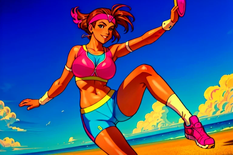 (perfect composition),imagined a girl in extreme sport outfit playing to a flying disc game in a beach arena game sport, masterpiece, ultra-detailed, 80's anime (style), 2D, megapixel, perfectionism, full HD , 4K, (windjammers), windjammers sport game, windjammers 2 (((((solo mature anime woman,)))))++++++++++++++++++, looking at viewer, full body, brown hair and pink hair, short hair, weird hair, smile, lips, eyelashes, medium breasts, gym uniform, uniform, gym shorts, headband, sports bra, elbow pad, knee pad, extreme sports outfit 80's theme, beach background, playing flying disc game on a beach court game, sea, sun in the sky, sports wear