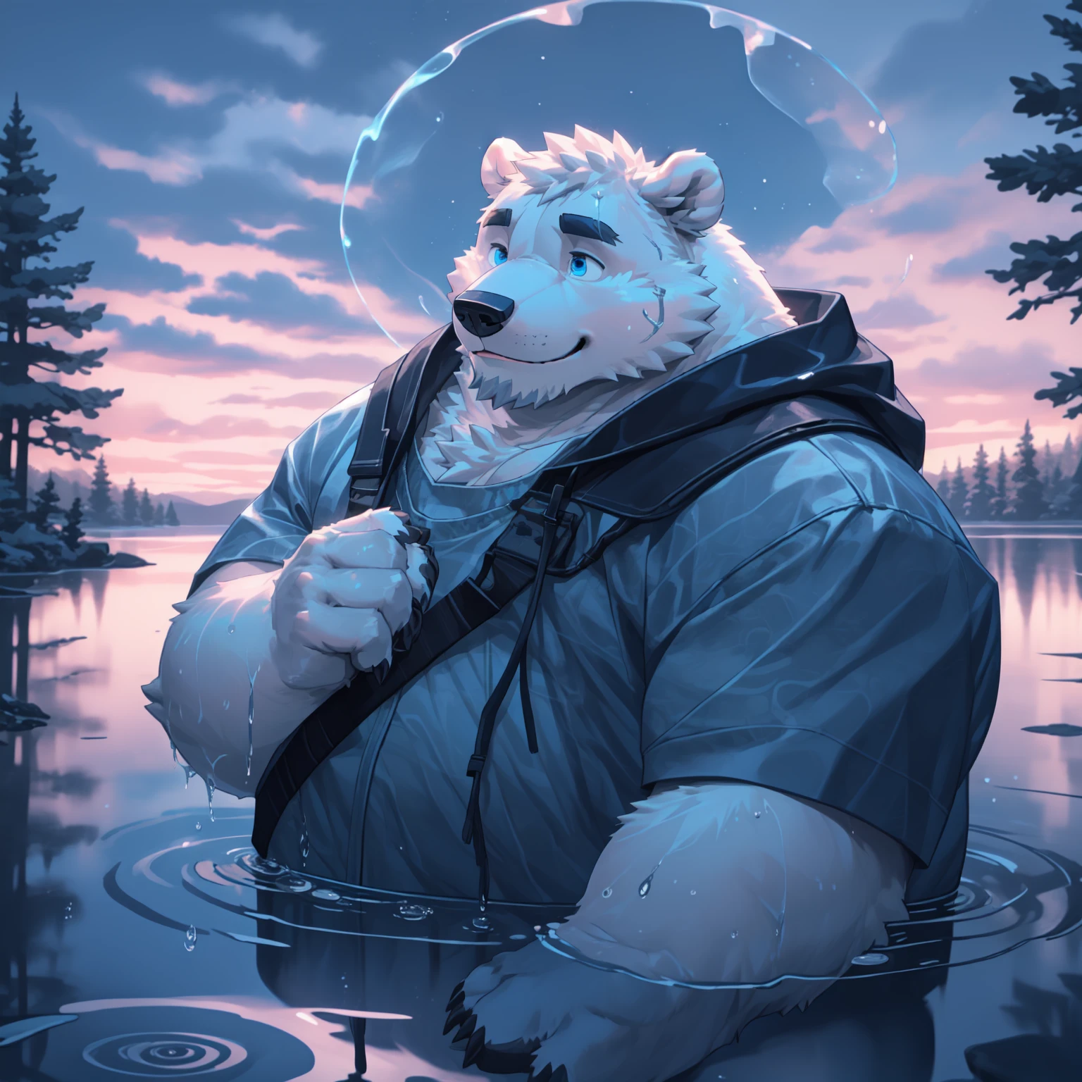 New Jersey 5 Furry，polar bear，Exquisite，Solitary，Chubby，Fat，Thick arms，Rugged muscles，White plush fur，Chubby脸，Black eyebrows，Sky blue eyes，Beard，absurd, Detailed background, lake, dawn, Detailed forest, cloud, Mysterious and romantic atmosphere, caustics(refraction, polarization)Perfect anatomical structure(Handsome 1boy, Solitary，front Photo，single, Beast field, Focus only)Volumetric Lighting, Wet clothes, Water Drop(Furry personification)(Very fine body hair)whole body, Soft and delicate tones, Drama,Smile