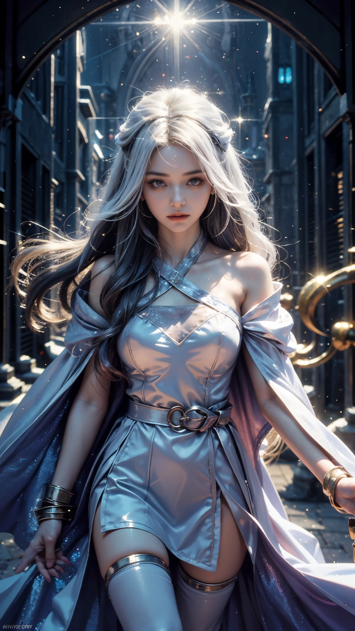 4k, UHD, masterpiece, 1 girl, good face, ((detailed eyes)), very long hair, impressive hairstyle, perfect brasts, fantasy cosplay, ((white cosplay)), strap cosplay, cape, night city, building, lamps, depth of field, reflection light, ((sparkle)), chromatic aberration,