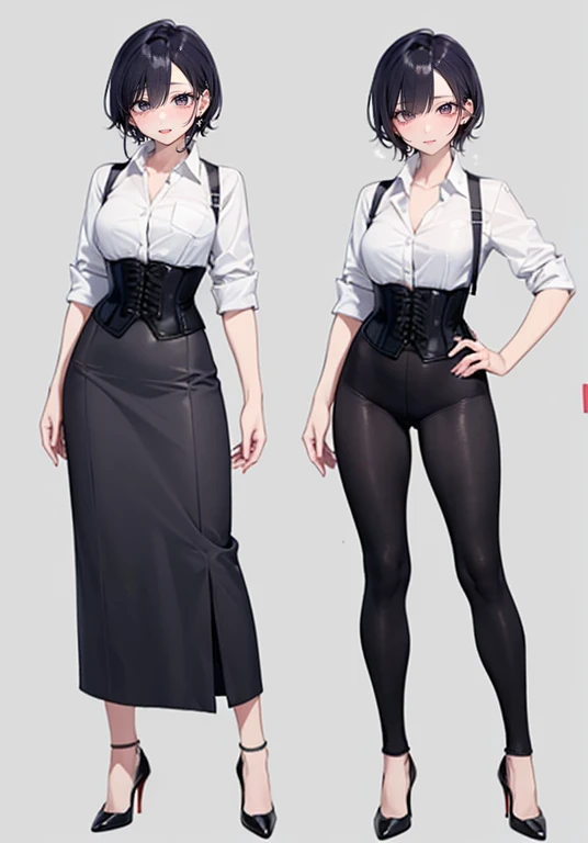 Purple hair,short hair,Adult female,(bartender),((Roll up your shirt sleeves)),(Rolling up the sleeves of his shirt),(corset),(High heels),((Simple Background)),smile,((whole body)),((full body)),Character Sheet,