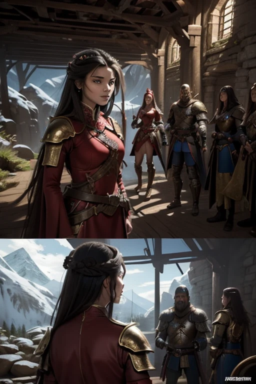 A (((fantasy illustration))), showing a Royal Princess in Red Clothes Meeting the Warlord and his strong armored soldiers, (((secret mission))) surrounded by a Mysterious Environment