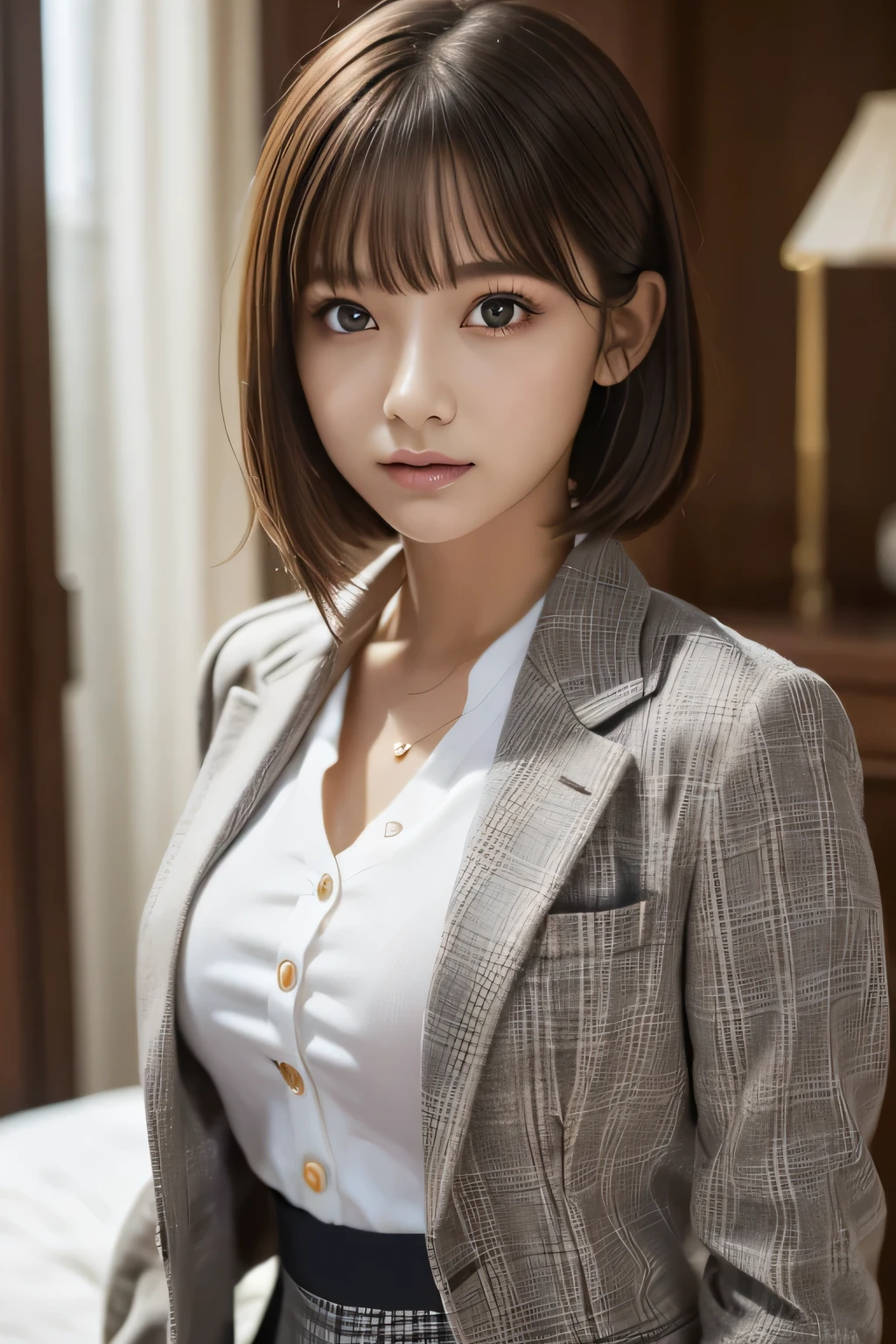 one girl, (A beauty girl, Delicate girl:1.3), (14 years old, Gal:1.3),
break, (Wearing a uniform with a blazer and a checked skirt:1.3),
break, (Open all the buttons on your shirt:1.3),
break, Very fine grain definition, (Symmetrical eyes:1.3),
break, (bedroom:1.2),
break, Large Breasts, Brown eyes, Parted bangs, Brown Hair, ponytail,
break, (Eyes and facial details:1.0),
break, (masterpiece, highest quality, Super detailed, Detailed face, 8k)