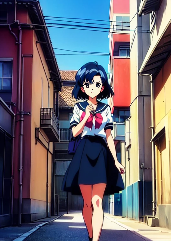 (perfect composition),anime character Sukeban delinquent girl  standing on a city street corner in black seifuku with black very long skirt, anime style. 8k, anime style mixed with fujifilm, retro anime girl, anime styled digital art, in tokyo, anime style illustration, anime style 4 k, anime style artwork, anime poster film still portrait, tokyo anime scene, modern anime style, anime style digital art, short hair, 26year old, red converse,