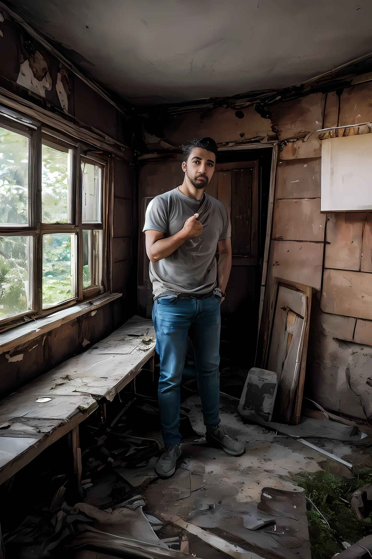 8k uh, DSLR, High quality , raw photos, Amateur Photography Fujifilm XT3, Canon R5, handsome man, Inside an abandoned house