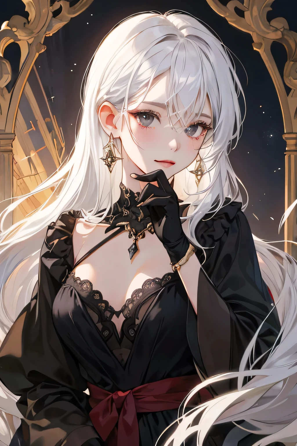 Empress, old girl, girl, 1 girl, beautyfull, elegant, shine, depicting Equal eyes, (A female god) Look at camera, depicting delicate facial features, golden yunani romawi dress, red gloves, gothic style, ribbon, long curl platinum white hair, extreme detail, delicate depiction, black eyes, royal, elegant, noble, royal dress, black eyes, black eyes, perfect eyes, jewerlly