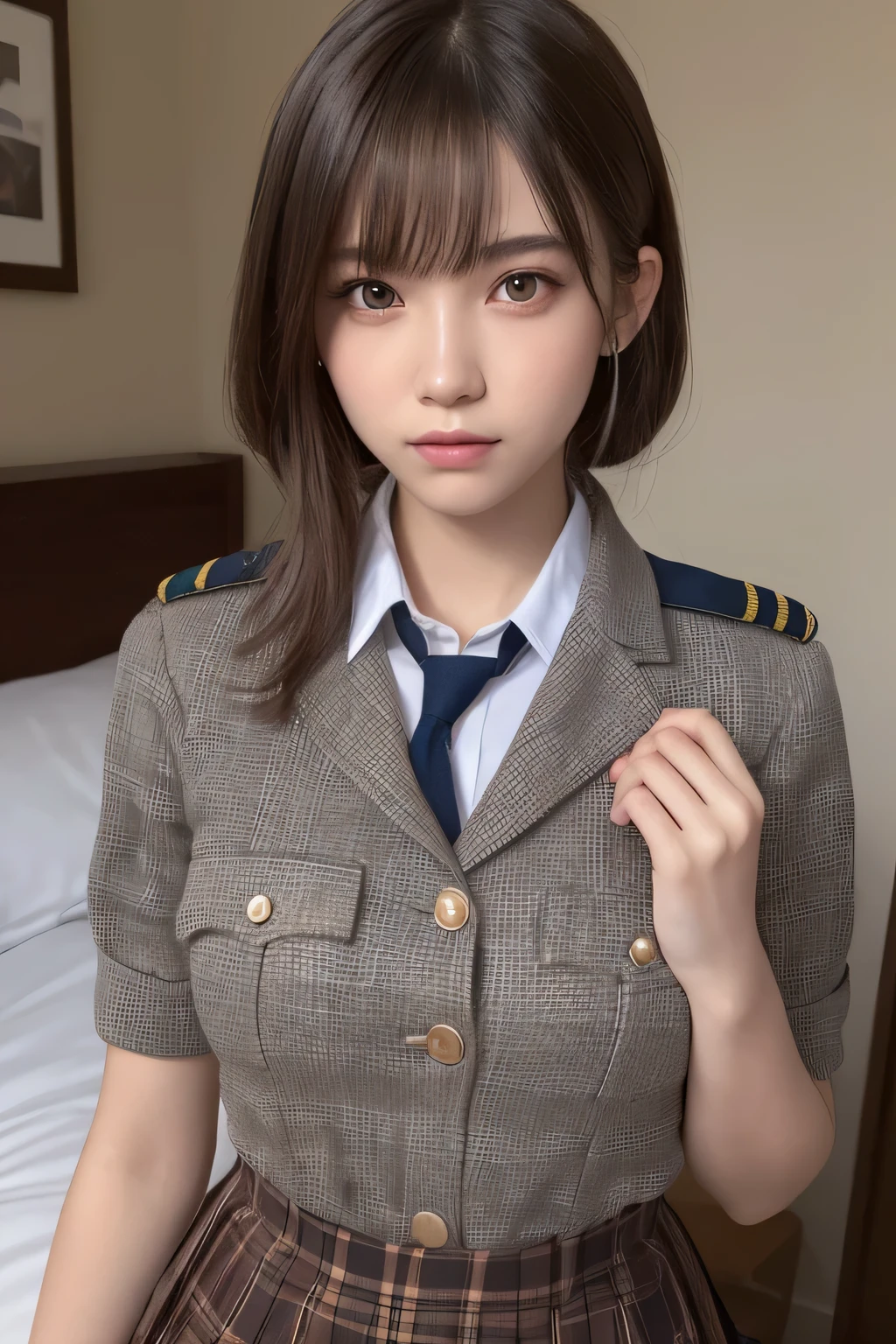(table top, highest quality:1.2), 8K, official art, RAW photo, full board building 4、uniformの前が開いている、Going to school、Beautiful breasts are thin、14 years、、incredibly ridiculous, (Upper body、uniform:1.4), beautiful girl, cute face, turn back,、gold ornaments in hair、close, sailor suit, short sleeve, Biolace, Ten generations, looking at the viewer, film grain, chromatic aberration, sharp focus, face light, dynamic lighting, cinematic lighting, Eye and face details, background bokeh,(both breasts protrude、裸のUpper body、chest exposed、thin、Beautiful breasts that are slightly smaller、exposed nipples、bright hotel room、sitting、daytime、baby face、smile、The whole body glows:1.5)
