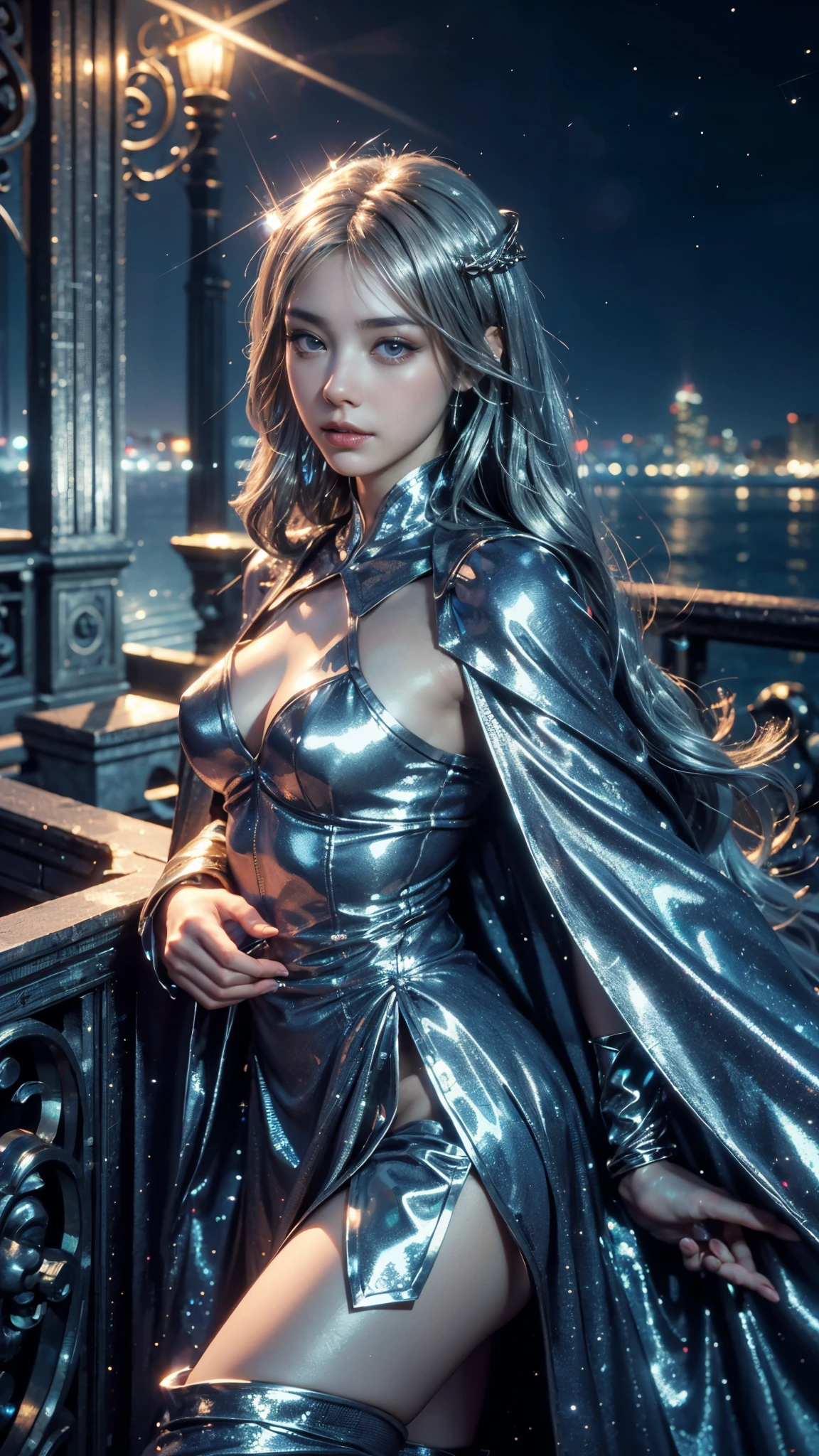 4k, UHD, masterpiece, 1 girl, good face, ((detailed eyes)), very long hair, impressive hairstyle, perfect brasts, fantasy cosplay, ((silver cosplay)), strap cosplay, cape, night city, building, lamps, depth of field, reflection light, ((sparkle)), chromatic aberration,
