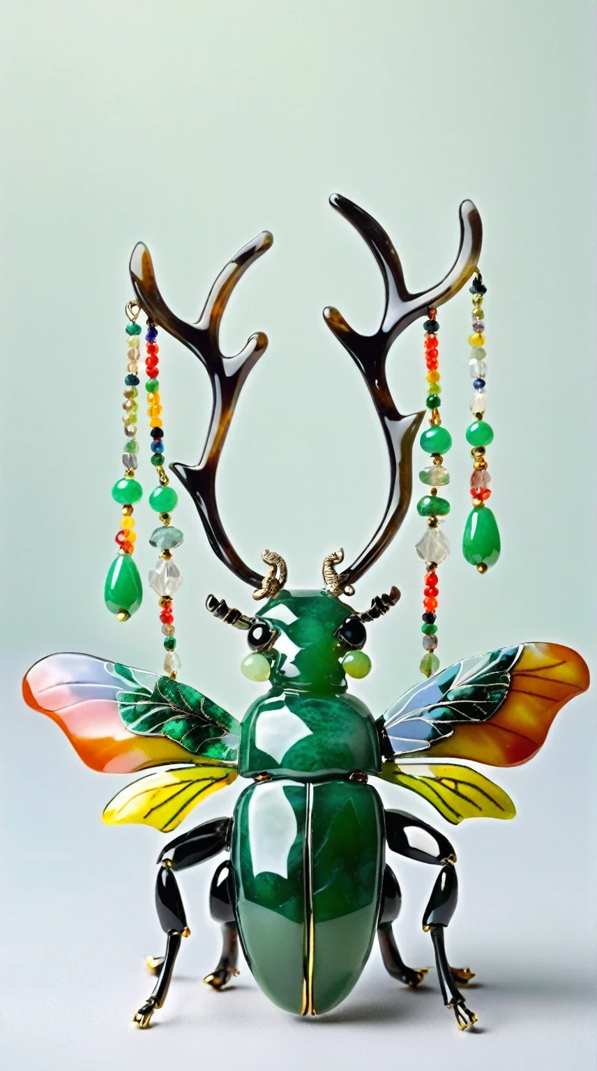 Art jade doll,
Jadeite, jewelry and glass make up the body of an ancient beetle with long antlers on its head, colorful beads hanging from behind its back, green wings at each end, delicate details, exquisite craftsmanship, light gray background, front view, symmetrical composition, natural lighting, product photography, hyperrealistic in the style of the best quality. --ar 3:4