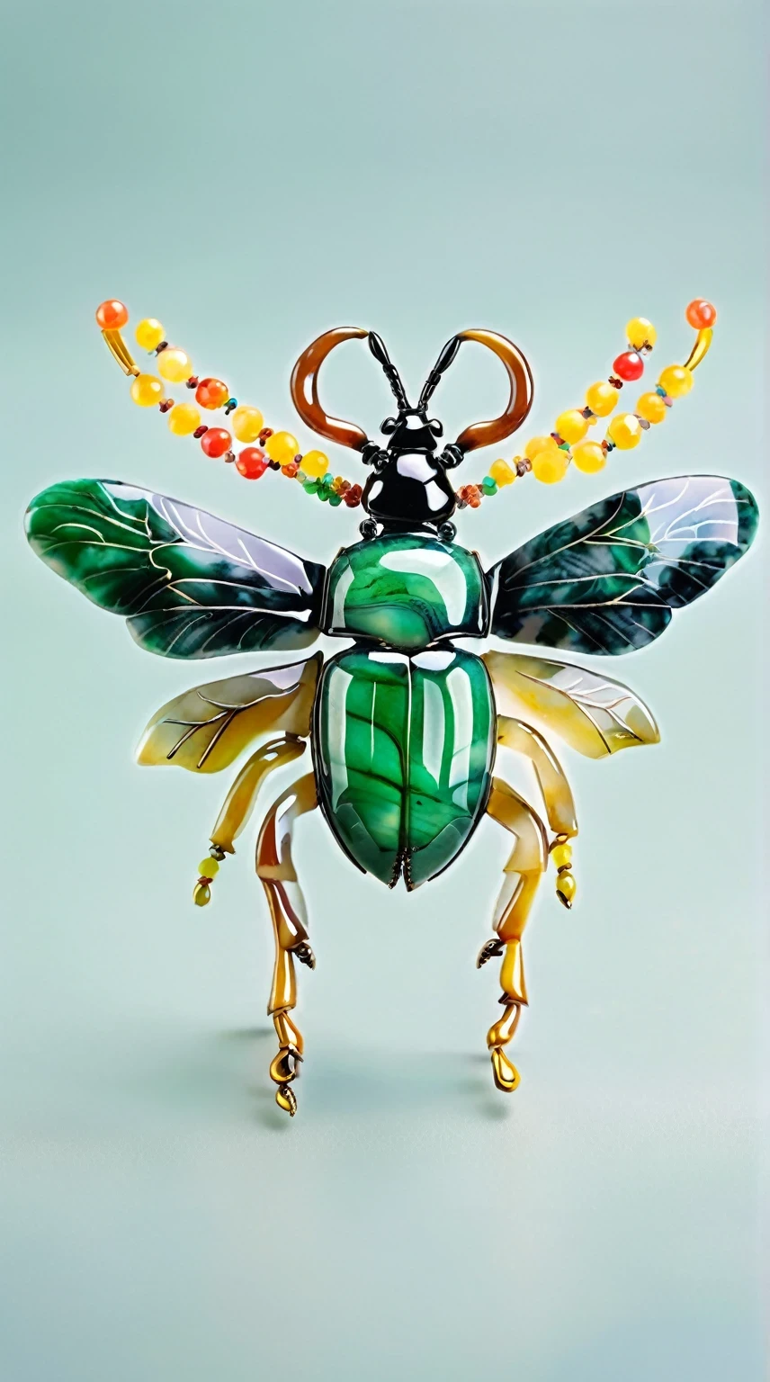 Art jade doll,
Jadeite, jewelry and glass make up the body of an ancient beetle with long antlers on its head, colorful beads hanging from behind its back, green wings at each end, delicate details, exquisite craftsmanship, light gray background, front view, symmetrical composition, natural lighting, product photography, hyperrealistic in the style of the best quality. --ar 3:4