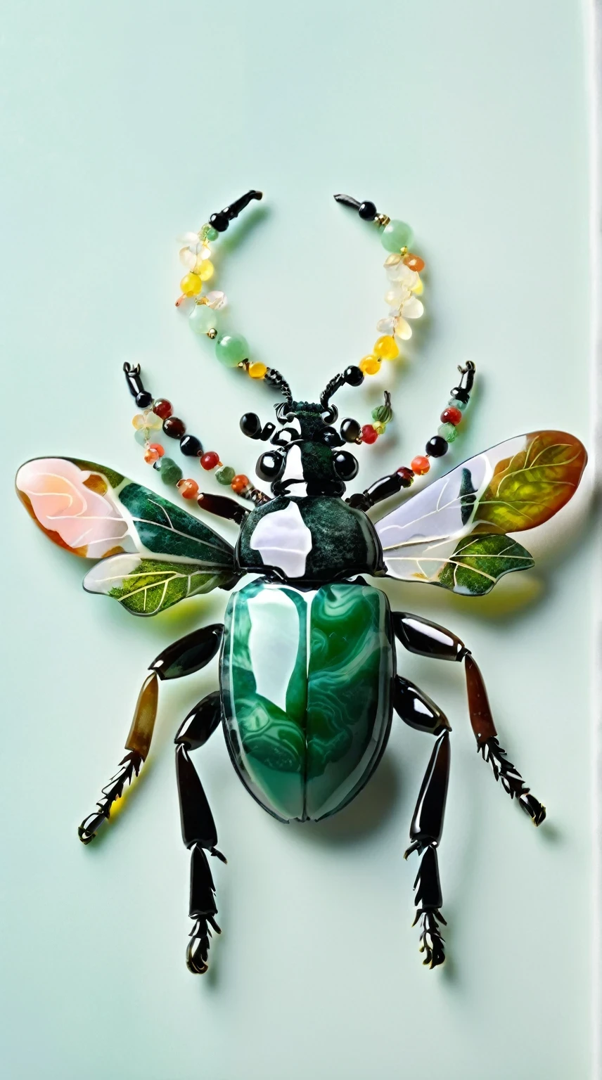 Art  jade doll，
Jadeite, jewelry and glass make up the body of an ancient beetle with long antlers on its head, colorful beads hanging from behind its back, green wings at each end, delicate details, exquisite craftsmanship, light gray background, front view, symmetrical composition, natural lighting, product photography, hyperrealistic in the style of the best quality. --ar 3:4
