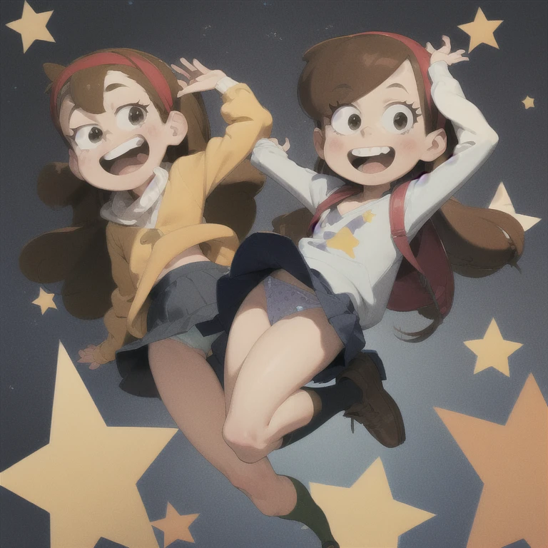 MabelPines, brown hair, long hair, hair band, flat chest, smile, braces, open mouth, sweter, skirt, shoes, star print, upskirt, panties,