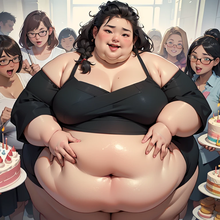 (masterpiece, best quality, highres, detailed, realistic:1.2), asian babe, USSBBW, (morbidly obese:1.3), (fatblob:1.3), immobile, gigantic belly, detailed face, beautiful face, birthday , eating cake, birthday cake, messy, slob, hair braids, happy, excited, surrounded by concerned friends, high aesthetic, panties