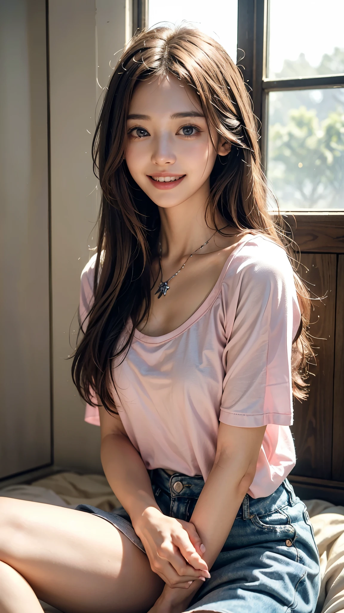 (highest quality、8k、32k、masterpiece、Hmph:1.8)、(((Pink long straight hair)))、((smile))、(((I'm showing my teeth and smiling,)))、Cute Japanese Women Photos、Soft looking breasts、No bra、Ample breasts、Face Focus、White T-shirt、necklace、1 carnation、From above、Looking at the audience、Dynamic Shadows、blonde、Wet shiny hair、Shine, Watery eye、