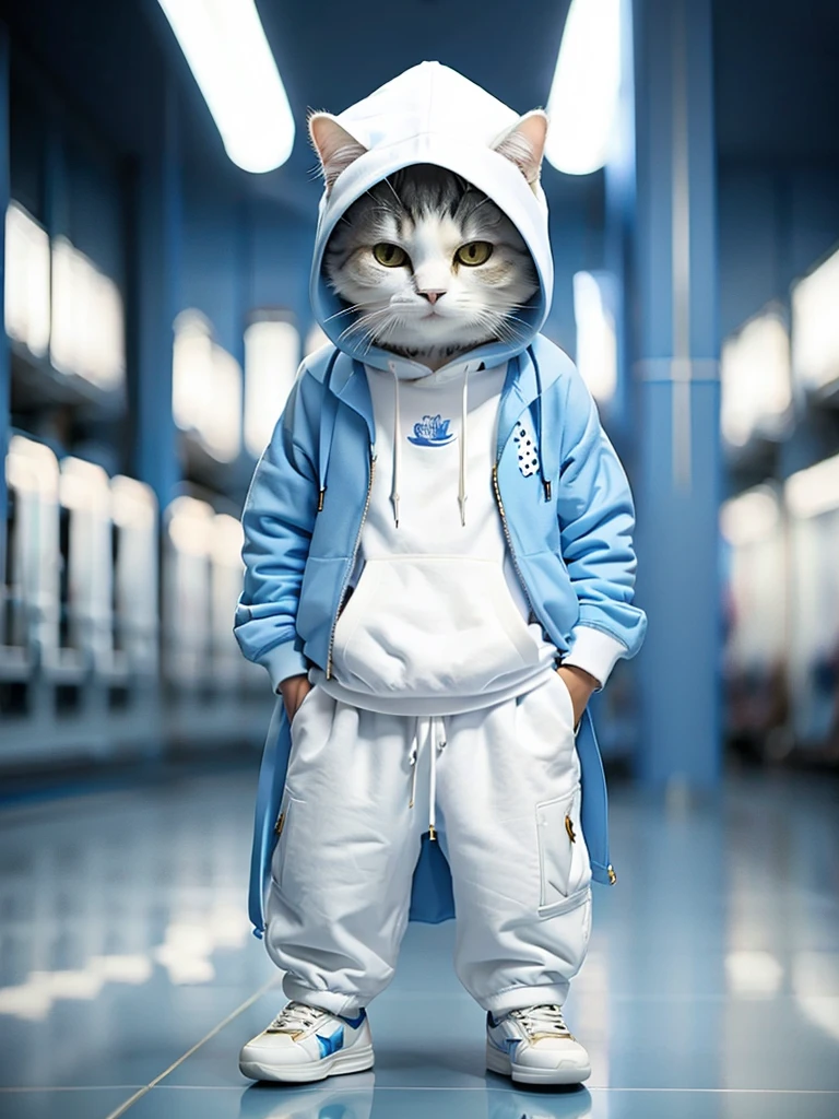 masterpiece, highest quality, cute cat, Wearing a blue hooded casual suit, White sneakers, Cool expression, Cute digital illustration art, 