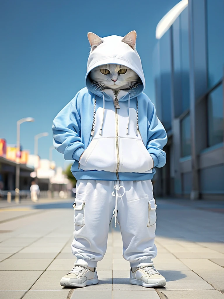 masterpiece, highest quality, cute cat, Wearing a blue hooded casual suit, White sneakers, Cool expression, Cute digital illustration art, 