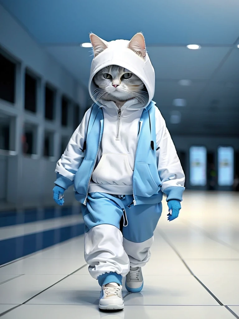 masterpiece, highest quality, cute cat, Wearing a blue hooded casual suit, White sneakers, Cool expression, Cute digital illustration art, 