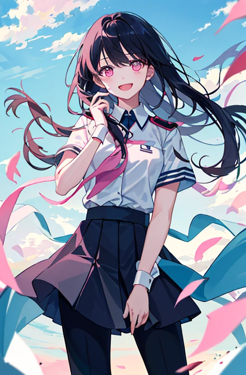 (masterpiece、Top quality、Implications、Very high quality、High level of image quality、Extremely sensitive writing)Girl with long black hair、Joyful expression、Hair blowing in the wind、Uniforms、Pink eyes、Blue and pink shirt、Black trousers