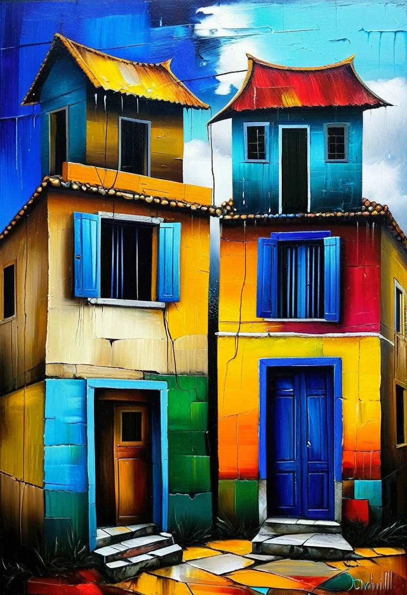 We were alone in the whole world, connected by the rain... in the style of primitivism. (David Martiashvili). Rich palette, special writing technique. Synthesis of primitive forms with the construction of painting techniques.. aesthetics. colorful oil painting. Old dilapidated houses that have retained their beauty and charm. Thematic Art of Life (Conceptual Art) (NFT Exclusive) (Fauve Artworks) Visual poetry transcends traditional boundaries and embraces the dynamic interplay of creativity and technology, dripping paint