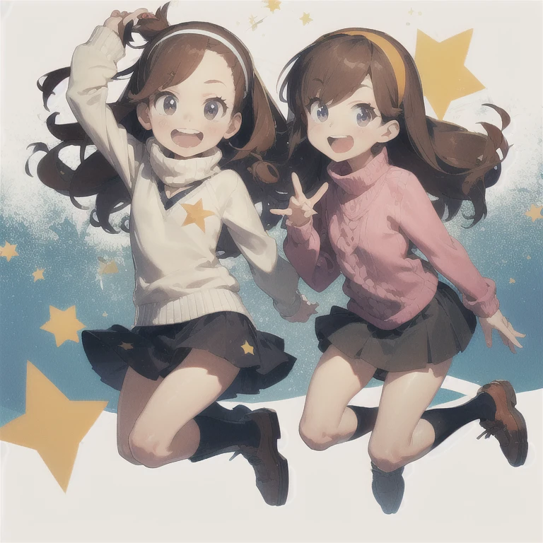 maple pines, Brown hair, long hair, hair band, flat chest, smile, Braces, open mouth, Sweater, skirt, shoes, star print