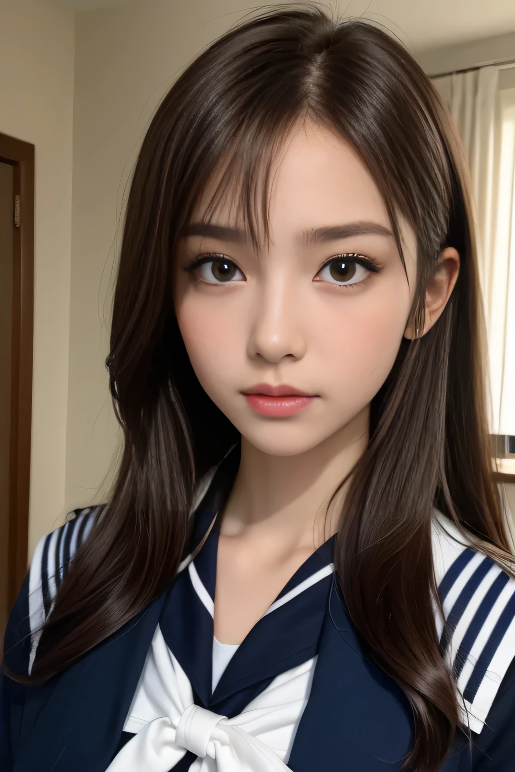 one girl, (A beauty girl, Delicate girl:1.3), (14 years old, Gal:1.3),
break, (Sailor suit uniform:1.3),
break, (Open Button:1.3),
break, Very fine grain definition, (Symmetrical eyes:1.3),
break, (bedroom:1.2),
break, Large Breasts, Brown eyes, Parted bangs, Brown Hair, ponytail,
break, (Eyes and facial details:1.0),
break, (masterpiece, highest quality, Super detailed, Detailed face, 8k)
