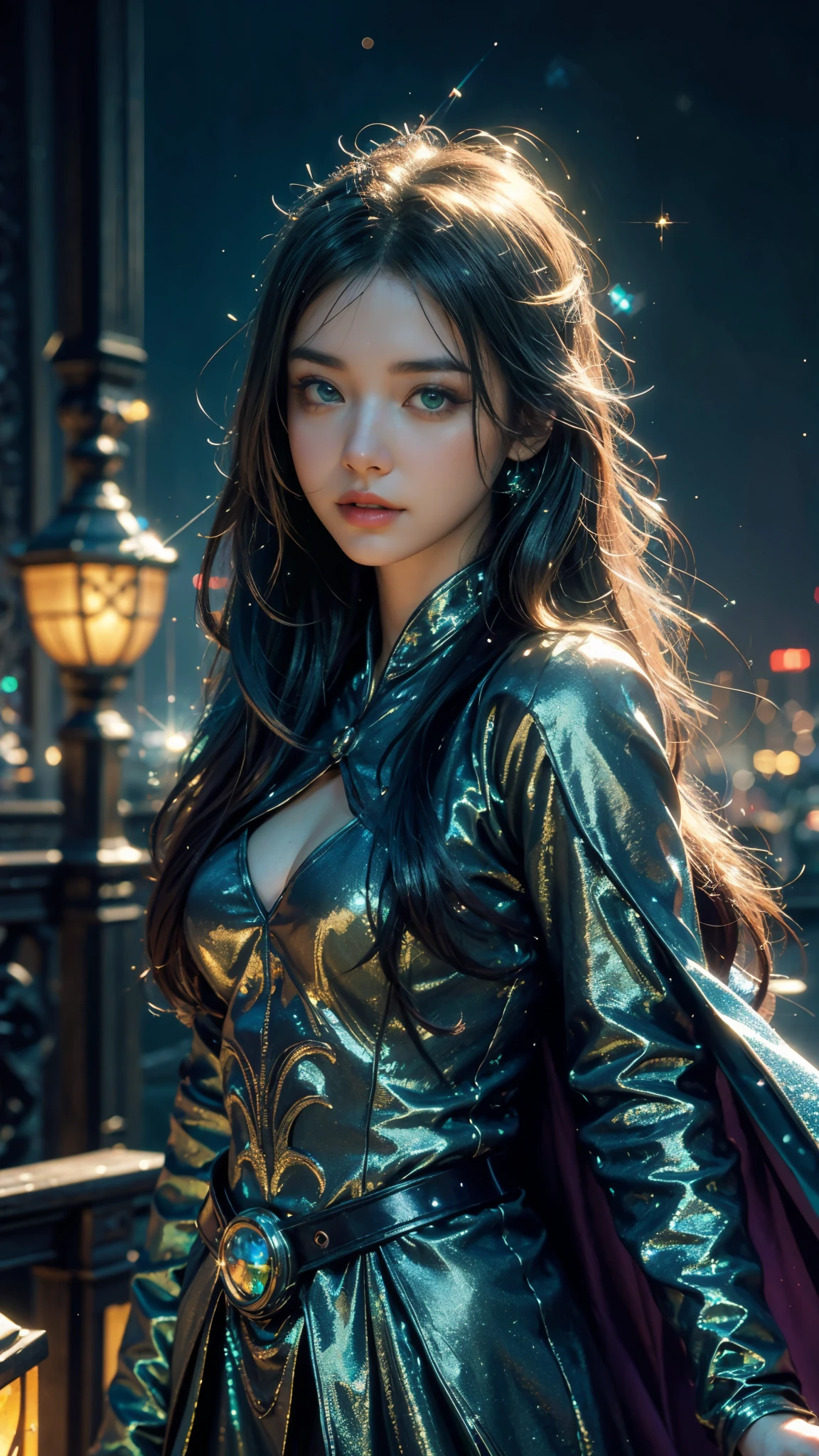 4k, UHD, masterpiece, 1 girl, good face, ((detailed eyes)), very long hair, impressive hairstyle, perfect brasts, fantasy cosplay, ((green cosplay)), strap cosplay, navel, cape, night city, building, lamps, depth of field, reflection light, ((sparkle)), chromatic aberration,