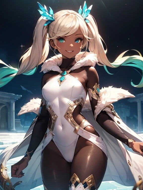 Iooiklas,Platinum Blonde Hair,Twin tails, hair ornaments, White Dress, Black knee socks, 
Removable sleeves,Complex eyes,Beautiful fine details,Symmetrical eyes,Big eyes:1.5,Seductive eyes, 
(((dark skin,dark_skin,lustrous skin:1.5,bright skin: 1.5,
skin tanned,shiny skin,very shiny skin,Shiny body,plastic glitter 
skin,exaggerated shiny skin,illuminated skin))),
(,Detailed body,(Detailed face)), cute,Lewd,erotic,Bold,Camel toe revealing outfit,show skin,(((Sexy aqua fur coat, Aqua fur coat outfit,
 wearing a Ice Dress:1.3,aqua 冬 coat))), ((Ice Dress,elegant Ice Dress)),
(White gloves,White clothes,(((Complex outfit,Complicated clothes,Embroidered costume,Glamorous costumes,Embroidered clothes,Open your mouth,smile,
Glamorous clothing))),skinsuit, Bodysuits, pantyhose,
High resolution,Sharp focus,(Super detailed,Very detailed),(Very detailed CG unity 8k wallpaper),
(((Vibrant colors))),dancing,dynamic pose,Marble Temple,Stone pillars,whole body,Magic circle behind,