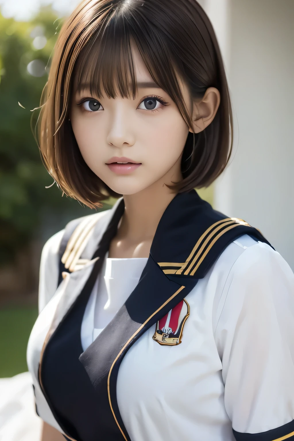 one girl, (A beauty girl, Delicate girl:1.3), (14 years old, Gal:1.3),
break, (Sailor suit uniform:1.3),
break, (Open Button:1.3),
break, Very fine grain definition, (Symmetrical eyes:1.3),
break, (bedroom:1.2),
break, Large Breasts, Brown eyes, Parted bangs, Brown Hair, ponytail,
break, (Eyes and facial details:1.0),
break, (masterpiece, highest quality, Super detailed, Detailed face, 8k)