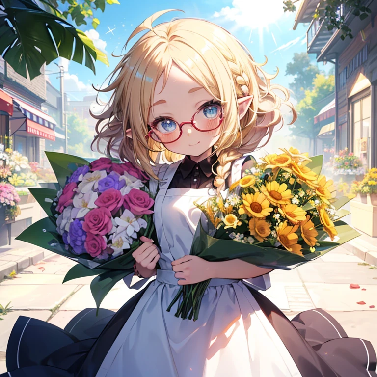 (()), (chibi), solo, blue eyes, beautiful detailed eyes, glossy blonde hair, ((messy hair:1.5)), ((single braid)), ahoge, long hair, ((glasses)), pointy ears, blush, happy smile, ((flower shop)), work apron, shadow, dynamic lighting, light particle, sunlight, outdoor, many flowers, ((hold a big bouquet:1.2)), sunny, small breasts, ((forehead)), park