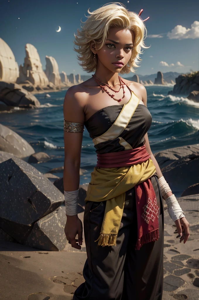 arslanaltan, 1girl, blonde hair, short hair, green eyes, dark skin, brown skin, hair ornament, sash, baggy pants, bandages, bare shoulders, necklace, (Masterpiece, Best Quality, Highres:1.2), Detailed, Intricate Details, 4K, solo, cowboy shot, high rating, standing on rooftop, Rio, Brazil, looking at viewer, night, stars, moon