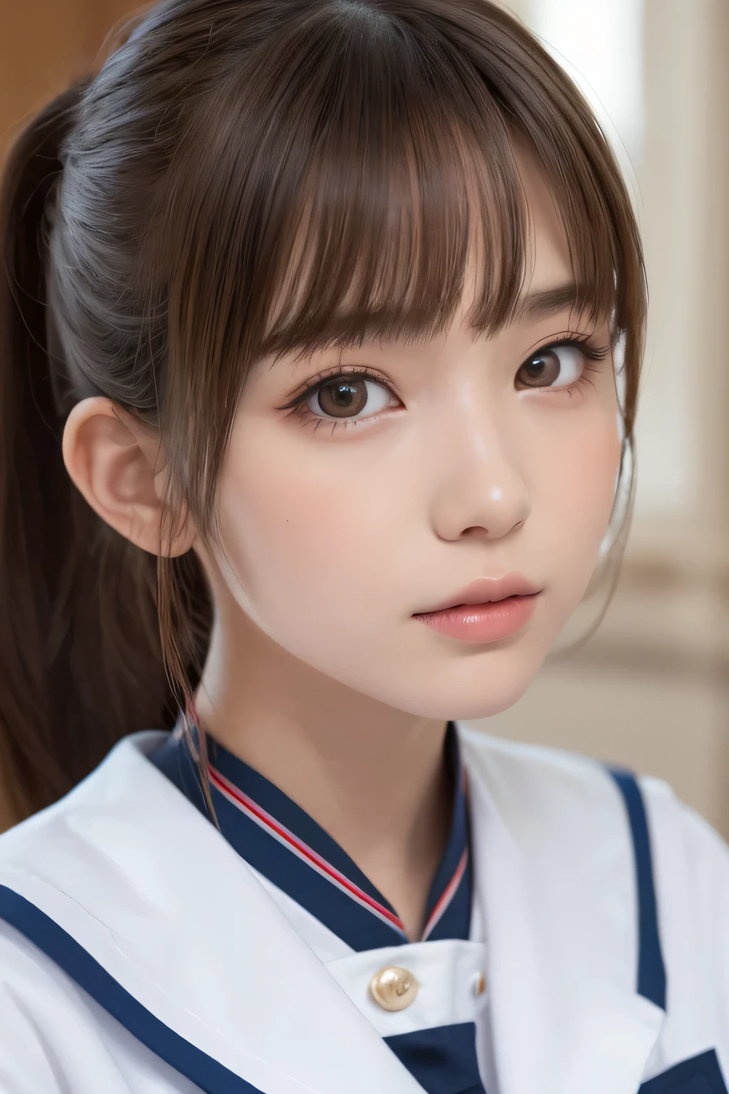 one girl, (A beauty girl, Delicate girl:1.3), (14 years old, Gal:1.3),
break, (Sailor suit uniform:1.3),
break, (Open Button:1.3),
break, Very fine grain definition, (Symmetrical eyes:1.3),
break, (bedroom:1.2),
break, Large Breasts, Brown eyes, Parted bangs, Brown Hair, ponytail,
break, (Eyes and facial details:1.0),
break, (masterpiece, highest quality, Super detailed, Detailed face, 8k) 
