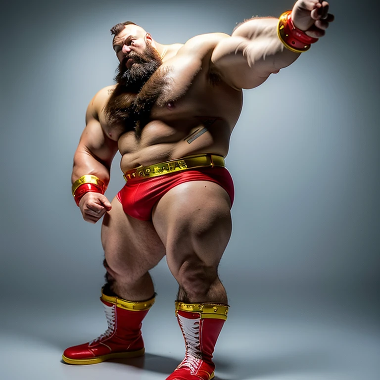 zangief,a man with a beard and a golden belt, fighting game character, street fighter 5,muscled humanoid,heavy looking,buff man,wrestler,Red short briefs,capcom,street fighter,shirtless,muscular male,chest hair,visually weighty,bearded man,mohawk hair,no wristband,Red Wrestling Boots((best quality)), ((masterpiece)), (detailed), perfect face