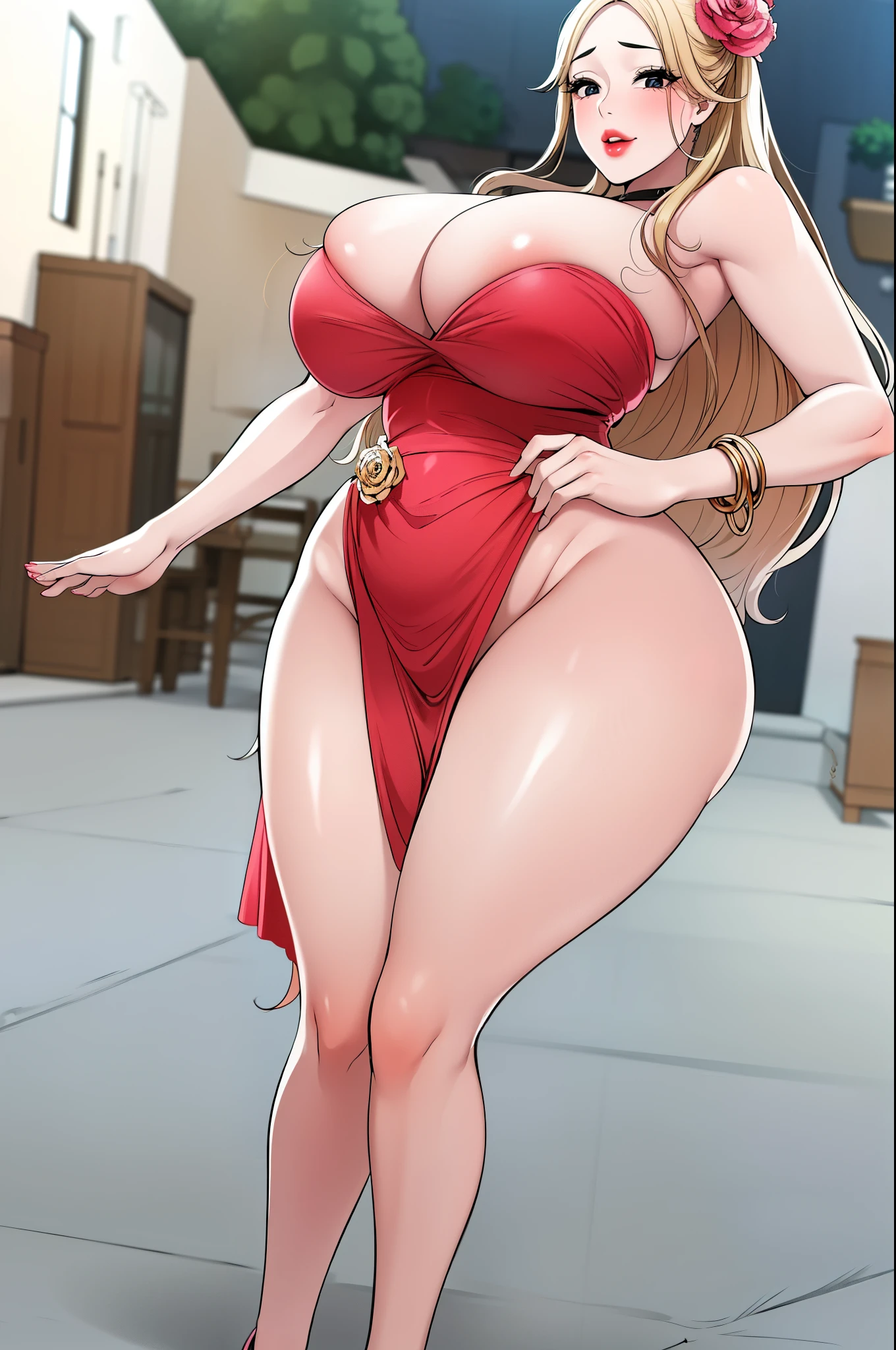 An extremely, insanely beautiful stunning gorgeous pretty cute sexy busty mother with a gorgeous beautiful face, extremely bright snow white fair stunning flawless lush shiny white skin, and complexion, gold blonde hair tied in a cute pony hairstyle with hair ornament and big red rose flower on hair, age 23, oceanic stunning shiny big shiny glowing blue eyes, bright pink cheek blushes, brown-black eyelashes, pink puffy lips, pink nails, goddess-like extremely cute sweet smile, face full of life, wearing a gold necklace, feet anklets, wearing a sexy long loose revealing thin-soft bright red-maroon dress with threads, front open lower back hanging white sweater, shiny gold heels, gold bangles, looking at the viewer, walking straight, insanely tight skinny perfect hourglass figure, perfect round wide perfect hips, perfect bouncy round breasts, perfect round plump ass poking out of her dress, holding a pink purse, a market valley in the background, night time, show full body from head to feet.
