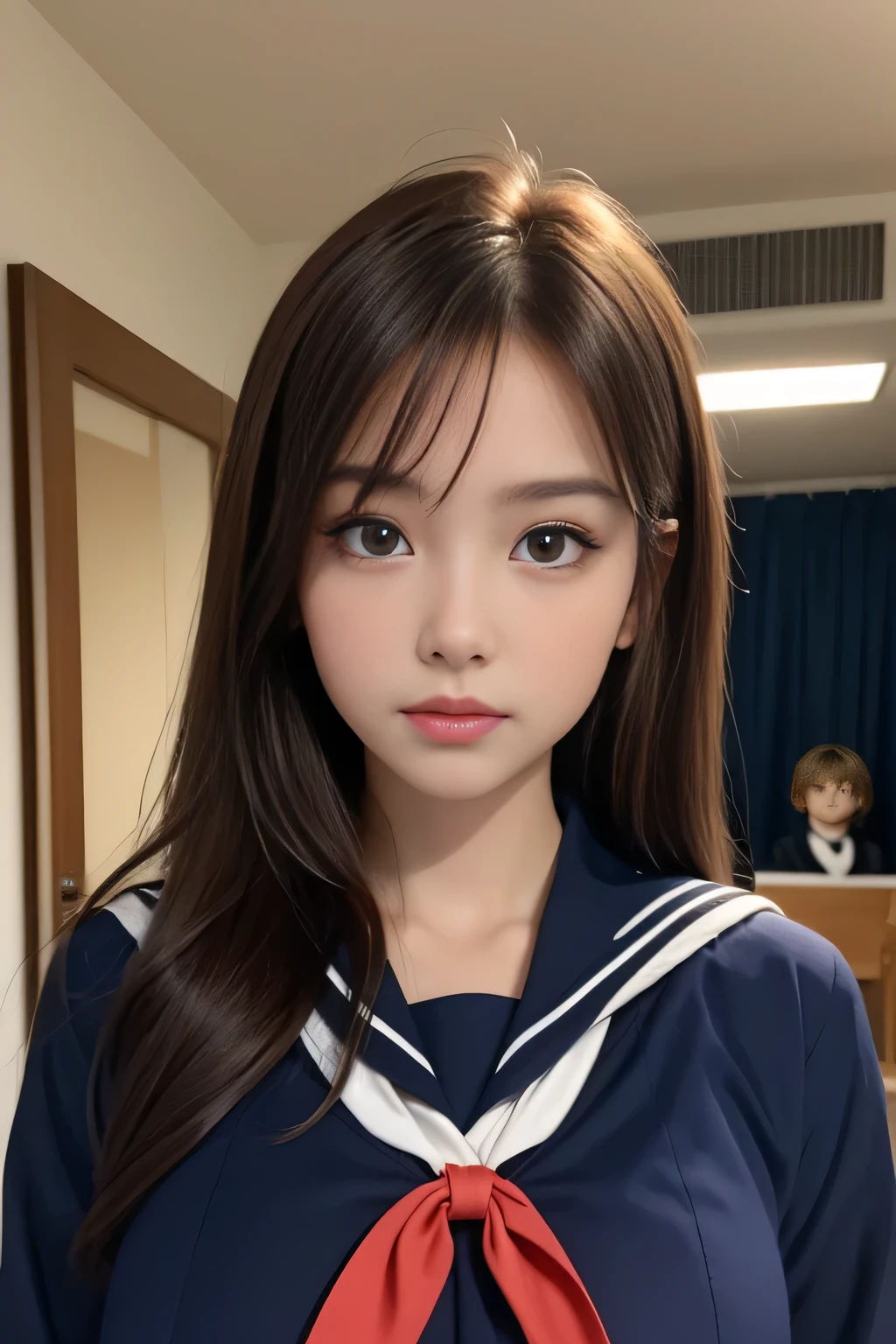 one girl, (A beauty girl, Delicate girl:1.3), (14 years old, Gal:1.3),
break, (Sailor suit uniform:1.3),
break, (Open Button:1.3),
break, Very fine grain definition, (Symmetrical eyes:1.3),
break, (bedroom:1.2),
break, Large Breasts, Brown eyes, Parted bangs, Brown Hair, ponytail,
break, (Eyes and facial details:1.0),
break, (masterpiece, highest quality, Super detailed, Detailed face, 8k) 