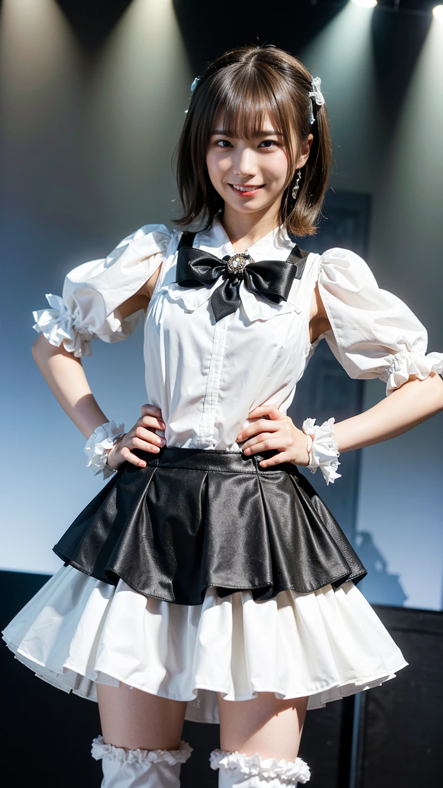 (8k、RAW Photos、highest quality、masterpiece:1.2)、(Realistic、Realistic)、1 girl、((smile、Ribbon on chest、Black and white dresini skirt、boots、Big Chest Hair、View from the front、stage、Spotlight、Pretty Cure Costume、Standing with hands on hips))、Lots of eyelashes、Glowing eyelids、skeletally correct
