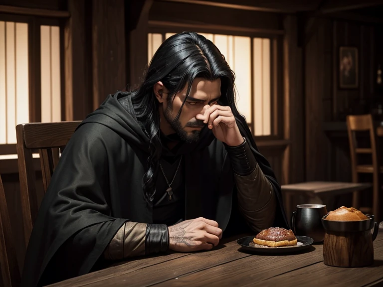 a man in black clothes, a black cloak with long black hair, a pointed nose, thin lips, stubble, sad, sits in a tavern at a wooden table, on the table there is a plate of food and a wooden mug with a handle, medieval side view