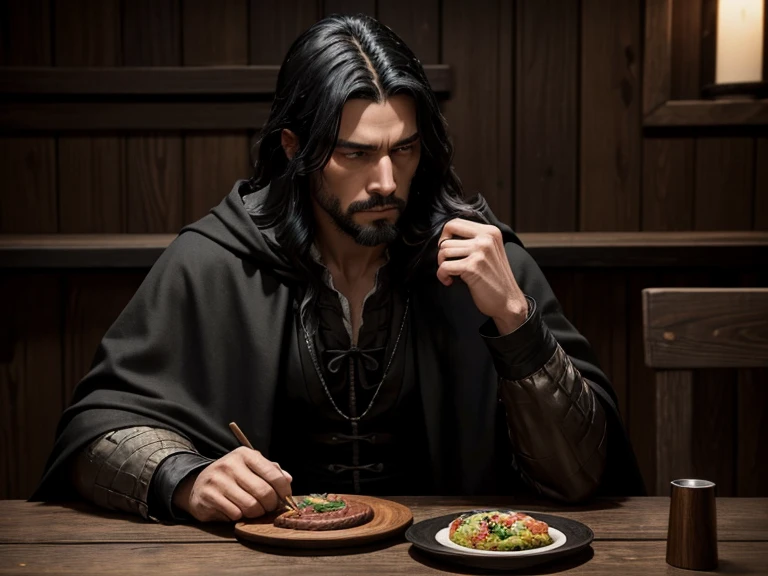 a man in black clothes, a black cloak with long black hair, a pointed nose, thin lips, stubble, sad, sits in a tavern at a wooden table, on the table there is a plate of food and a wooden mug with a handle, medieval side view